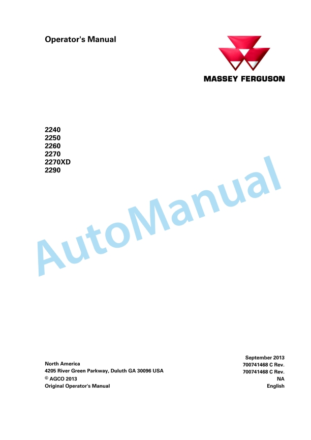 Massey Ferguson 2240, 2250, 2260, 2270, 2270XD, 2290 Operators Manual 700741468C