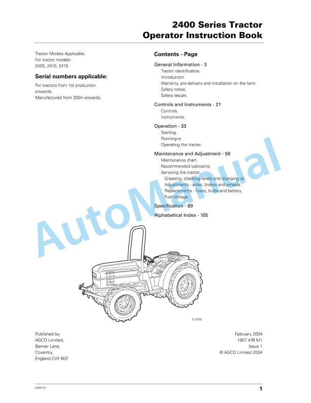 Massey Ferguson 2400 Series Tractor Operator Instruction Book 1857476M1