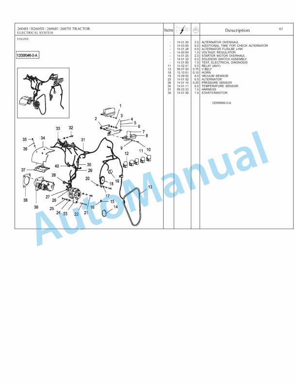 Massey Ferguson 2604H, 2605H, 2606H, 2607H Tractor Repair Time Schedule 4283605M1-3