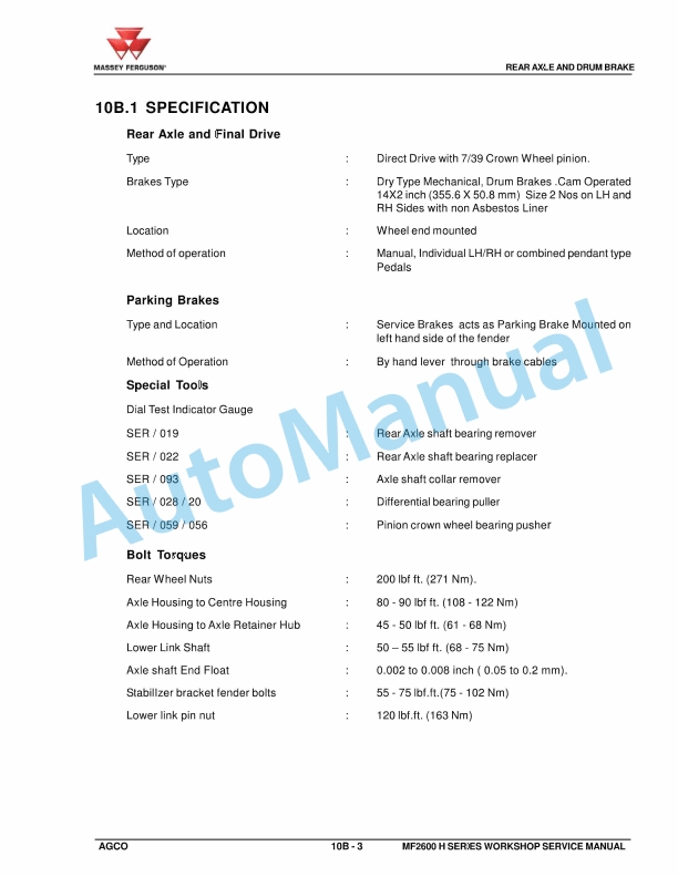 Massey Ferguson 2604H, 2605H, 2606H, 2607H Tractor Workshop Service Manual 4283604M1 3 Massey Ferguson 2604H, 2605H, 2606H, 2607H Tractor Workshop Service Manual 4283604M1 - Image 3