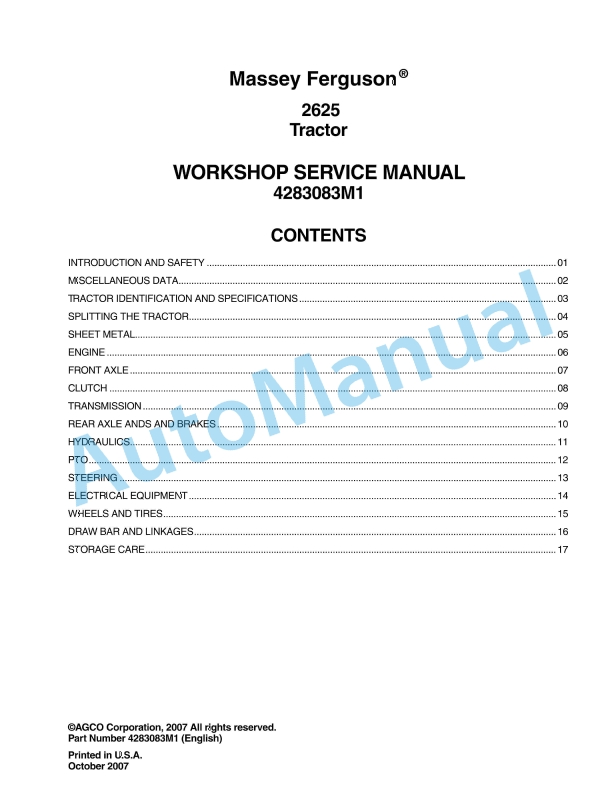 Massey Ferguson 2625 Tractor Workshop Service Manual 4283083M1 1 Massey Ferguson 2625 Tractor Workshop Service Manual 4283083M1