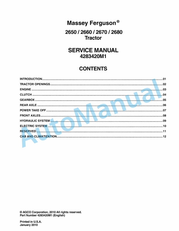 Massey Ferguson 2650, 2660, 2670, 2680 Tractor Service Manual 4283420M1