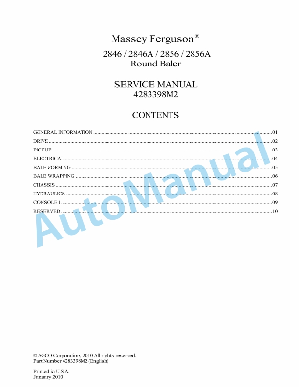 Massey Ferguson 2846, 2846A, 2856, 2856A Round Baler Service Manual 4283398M2