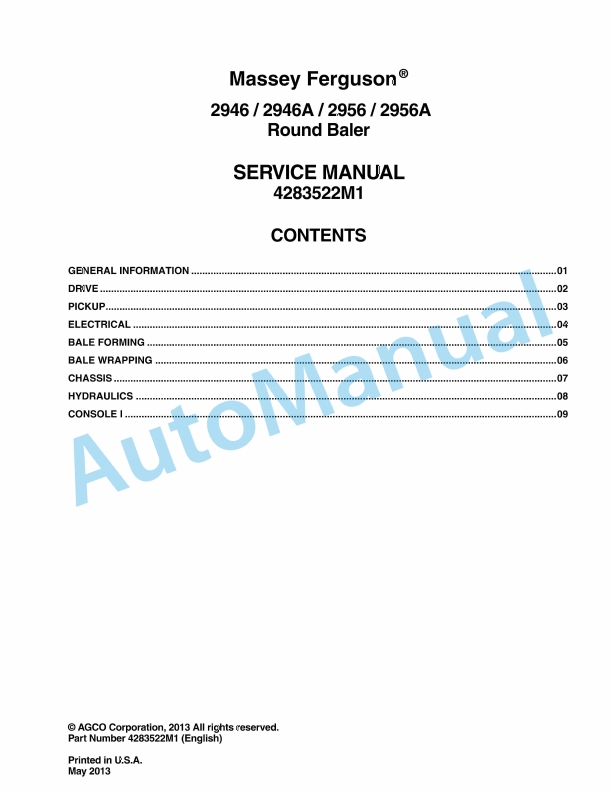 Massey Ferguson 2946, 2946A, 2956, 2956A Round Baler Service Manual 4283522M1