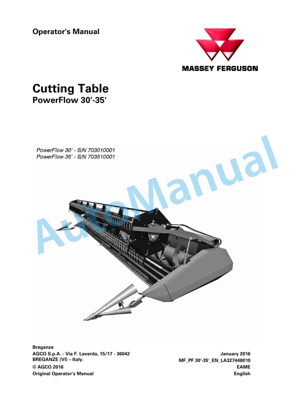 Massey Ferguson 30-35 in PowerFlow Cutting Table Operators Manual LA327448010