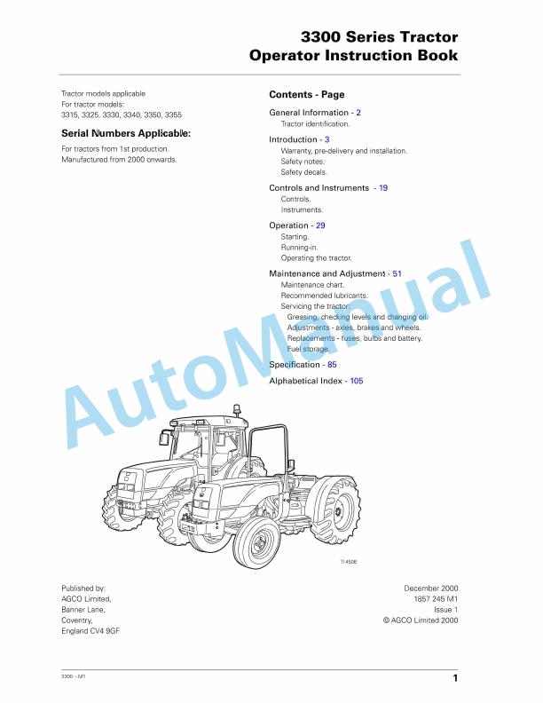 Massey Ferguson 3300 Series Tractor Operator Instruction Book 1857245M1