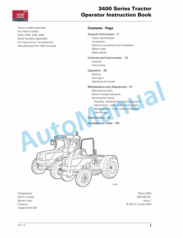 Massey Ferguson 3400 Series Tractor Operator Instruction Book 1857482M1