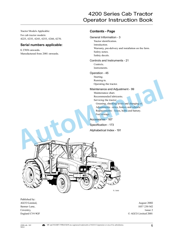 Massey Ferguson 4200 Series Cab Tractor Operator Instruction Book 1857230M2