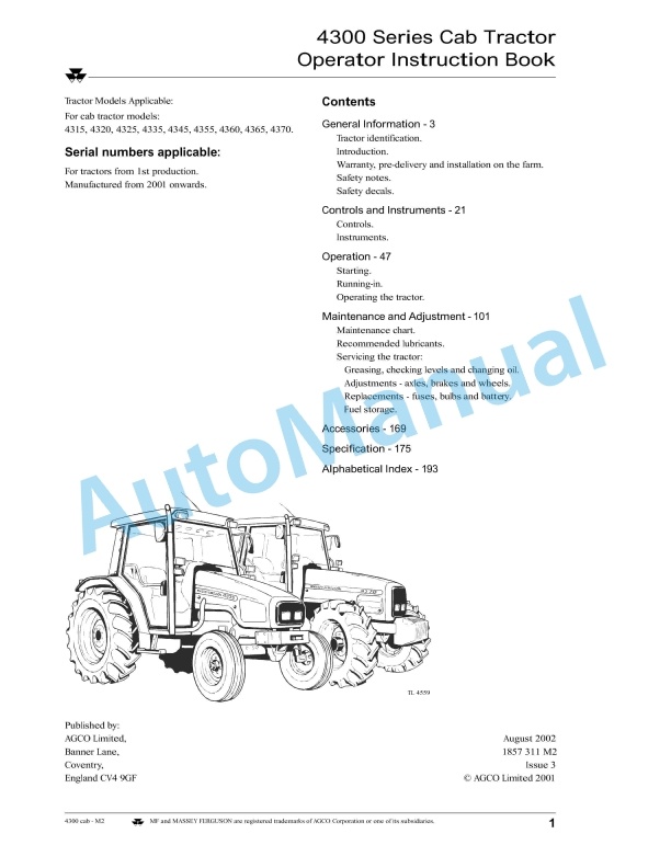 Massey Ferguson 4300 Series Cab Tractor Operator Instruction Book 1857311M2