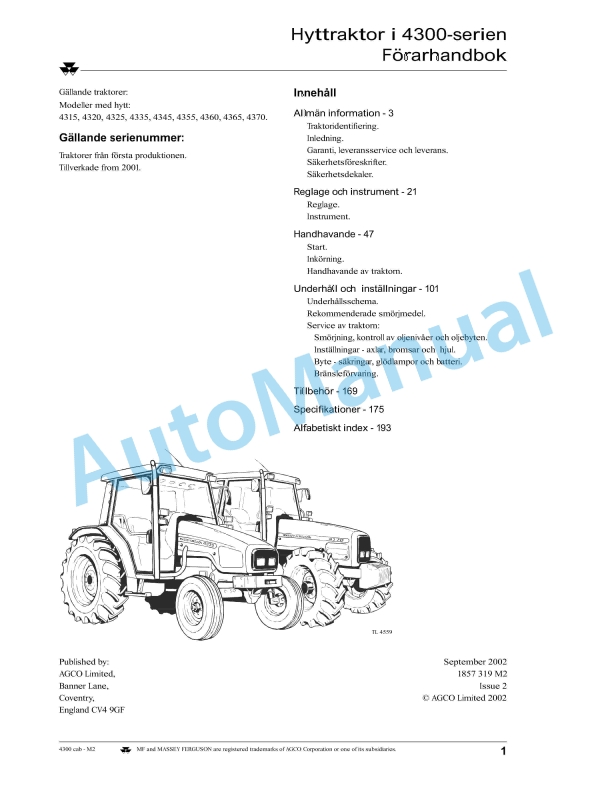 Massey Ferguson 4300 Series Cab Tractor Operator Instruction Book 1857311M2-2