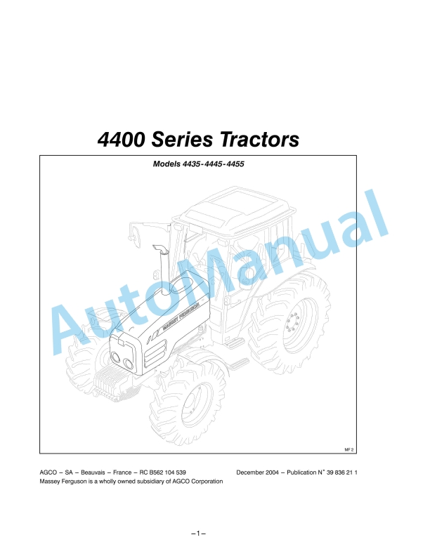 Massey Ferguson 4400 Series Tractors Operator Instruction Book 39836211