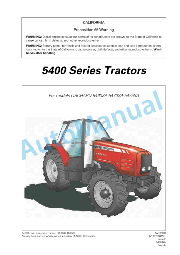 Massey Ferguson 5400 Series Tractors Operator Instruction Book 3378803M1