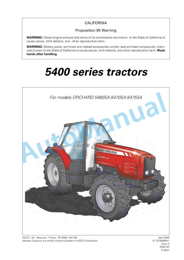 Massey Ferguson 5400 Series Tractors Operator Instruction Book 3378806M1