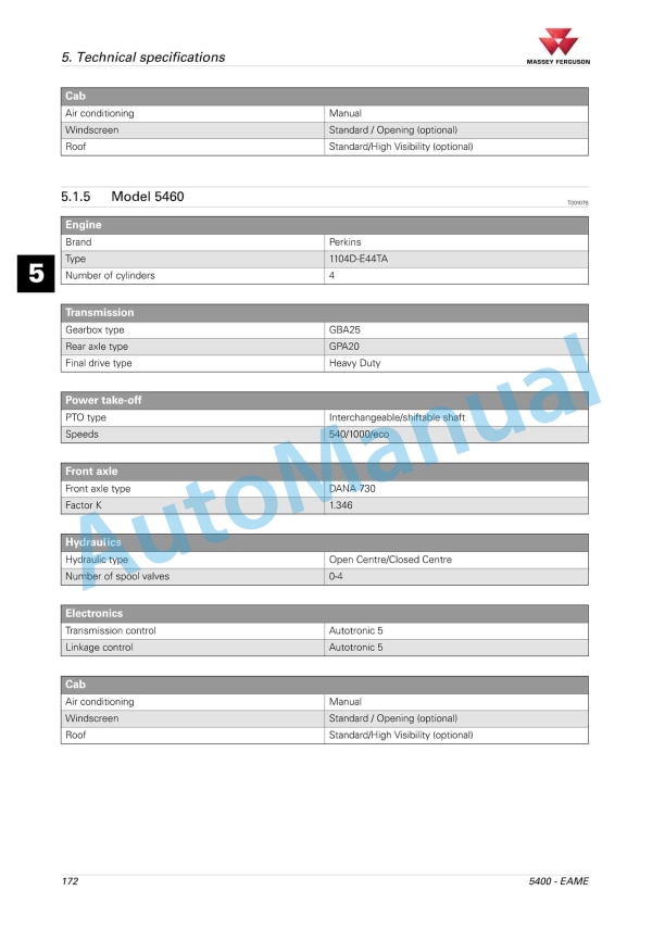 Massey Ferguson 5400 Series Tractors Operator Instruction Book 4315779M2-5