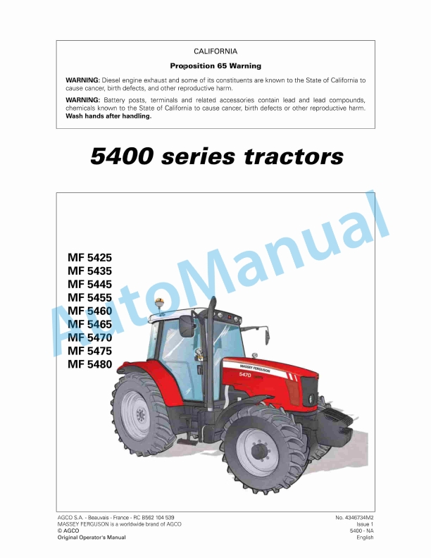 Massey Ferguson 5400 Series Tractors Operator Instruction Book 4346734M2
