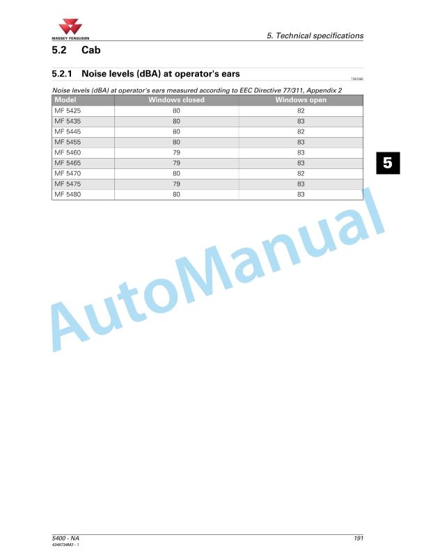 Massey Ferguson 5400 Series Tractors Operator Instruction Book 4346734M2-5
