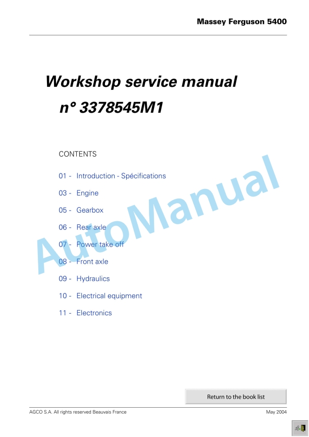 Massey Ferguson 5400 Series Tractors Workshop Service Manual 3378545M1 1 Massey Ferguson 5400 Series Tractors Workshop Service Manual 3378545M1