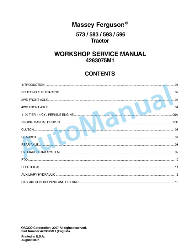 Massey Ferguson 573, 583, 593, 596 Tractors Workshop Service Manual 4283075M1 1 Massey Ferguson 573, 583, 593, 596 Tractors Workshop Service Manual 4283075M1