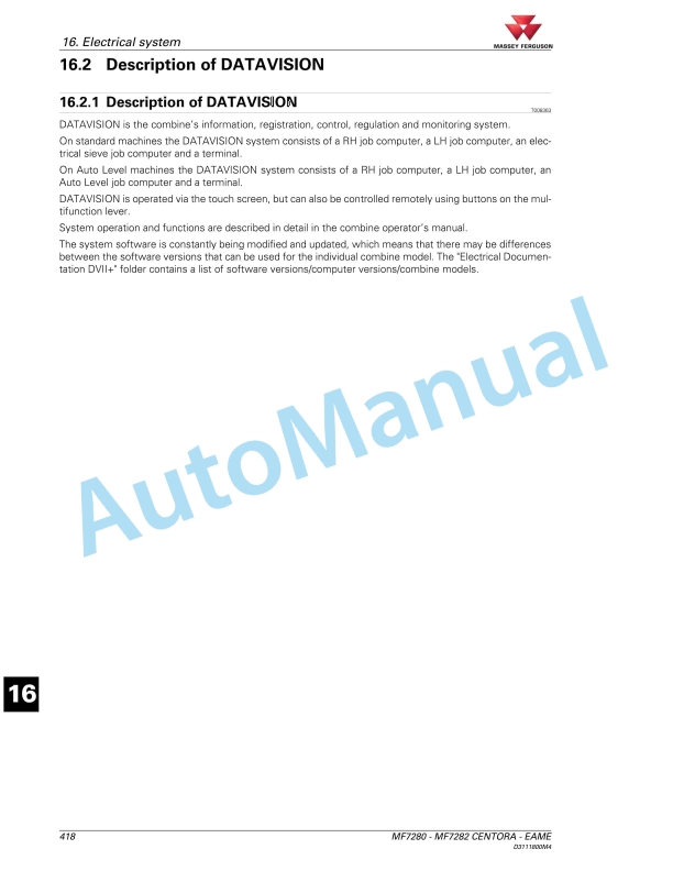 Massey Ferguson 7280 Centora Combine Series Workshop Manual D3111800M4-3