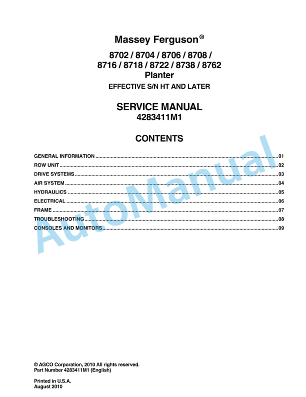 Massey Ferguson 8702, 8704, 8706, 8708, 8716, 8718, 8722, 8738, 8762 Planter Service Manual 4283411M1