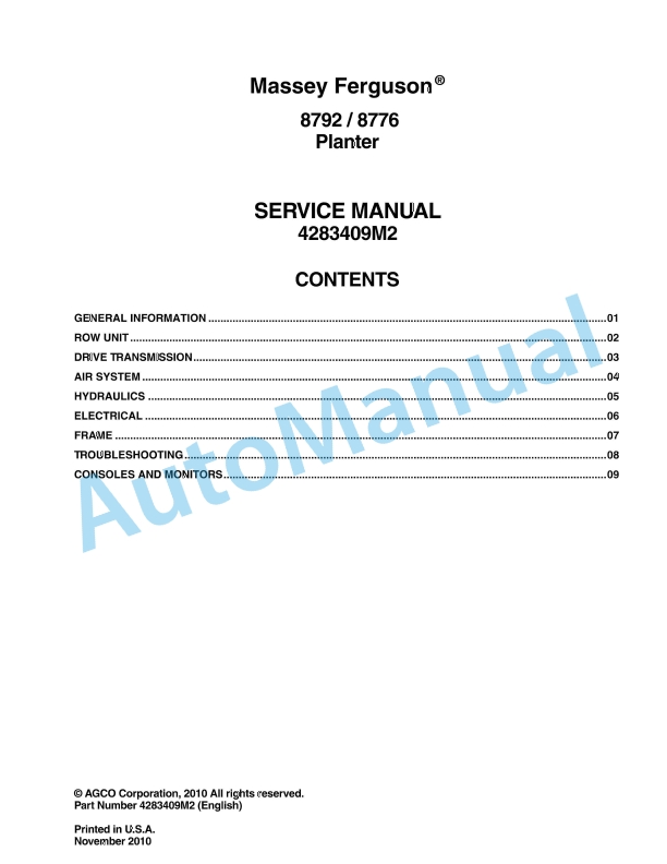 Massey Ferguson 8792, 8776 Planter Service Manual 4283409M2