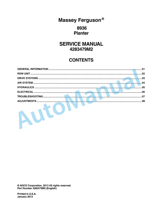 Massey Ferguson 8936 Planter Service Manual 4283479M2