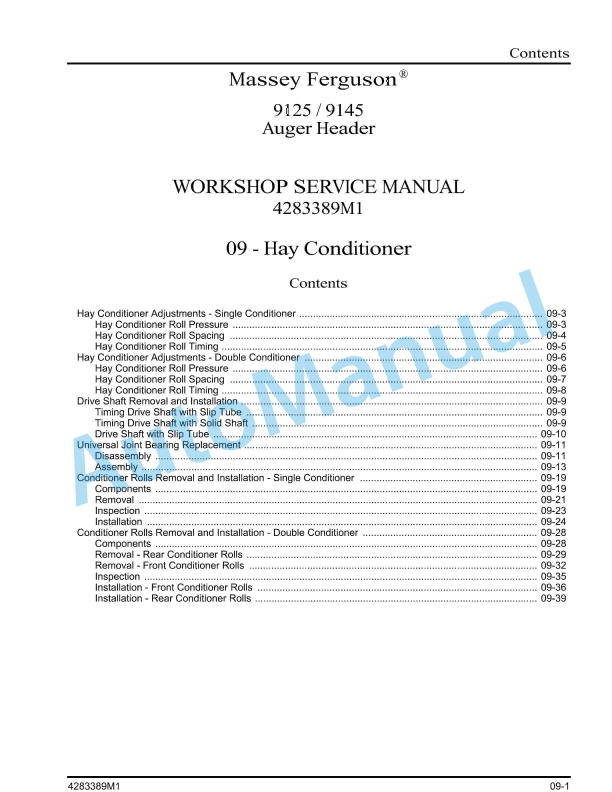 Massey Ferguson 9125, 9145 Auger Header Workshop Service Manual 4283389M1-4