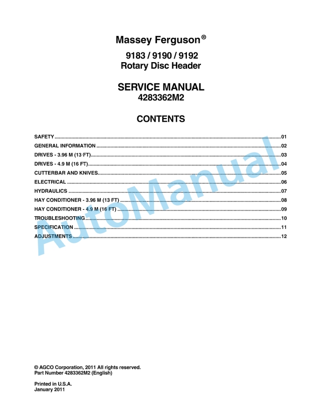 Massey Ferguson 9183, 9190, 9192 Rotary Disc Header Service Manual 4283362M2
