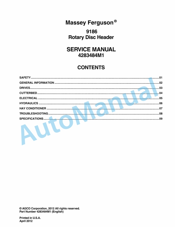 Massey Ferguson 9186 Rotary Disc Header Service Manual 4283484M1