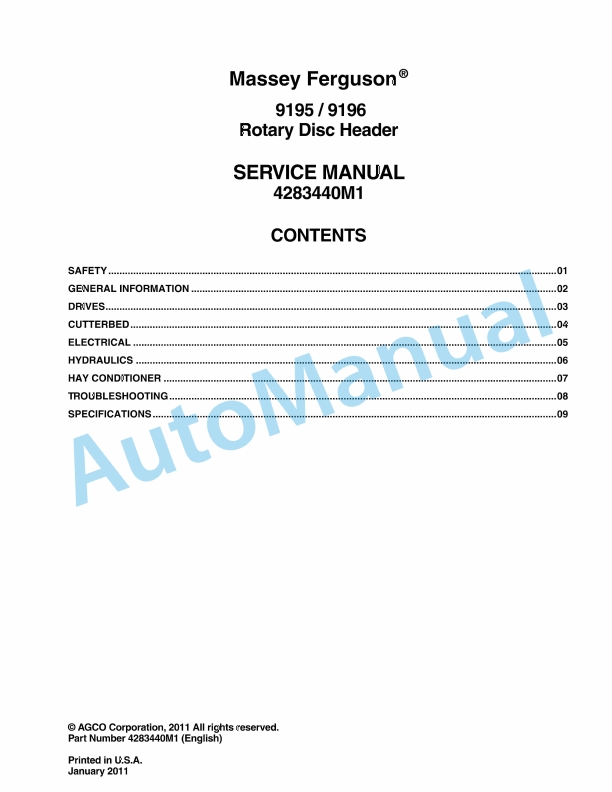 Massey Ferguson 9195, 9196 Rotary Disc Header Service Manual 4283440M1