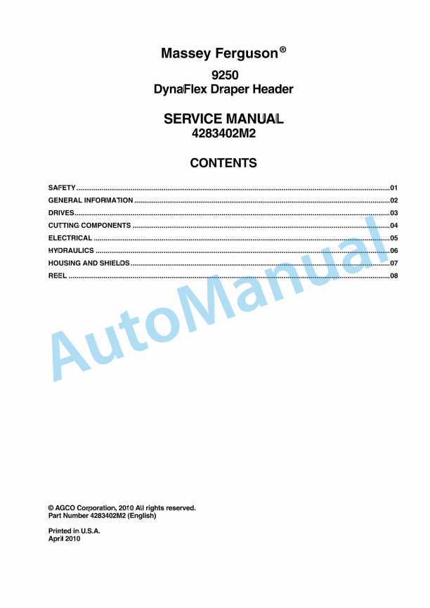 Massey Ferguson 9250 DynaFlex Draper Header Service Manual 4283402M2