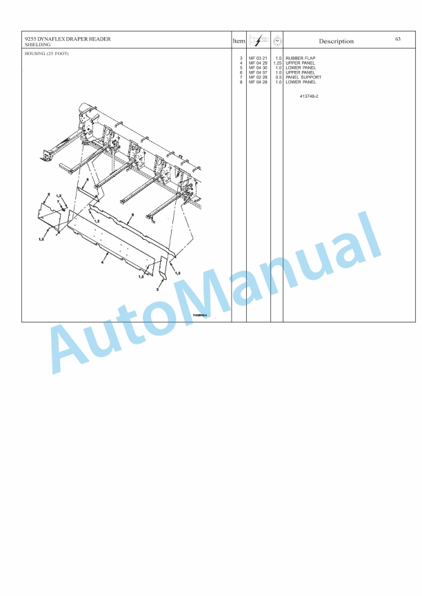 Massey Ferguson 9255 DynaFlex Draper Header Repair Time Schedule 4283601M1-3