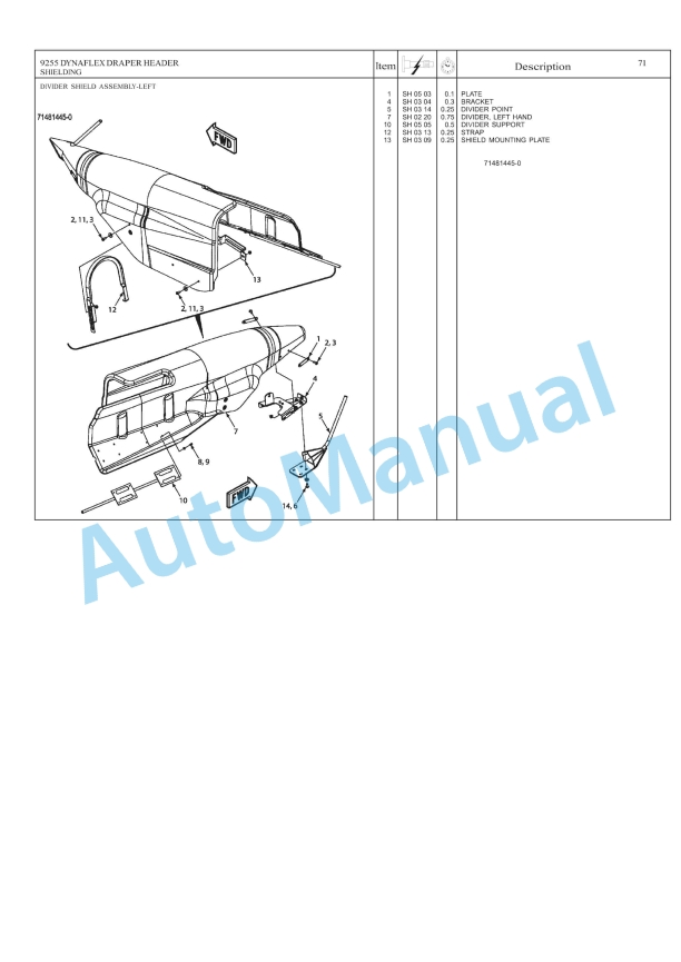Massey Ferguson 9255 DynaFlex Draper Header Repair Time Schedule 4283601M1-4