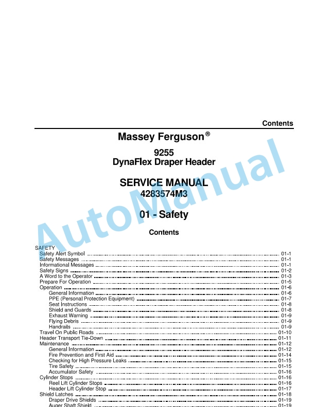 Massey Ferguson 9255 DynaFlex Draper Header Service Manual 4283574M3