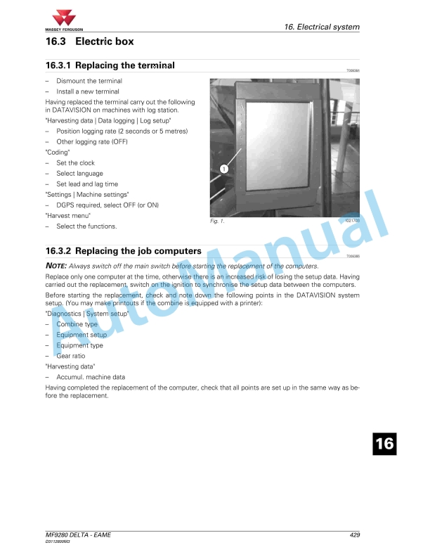 Massey Ferguson 9280 Delta Combine Series Workshop Service Manual D3112800M2-3