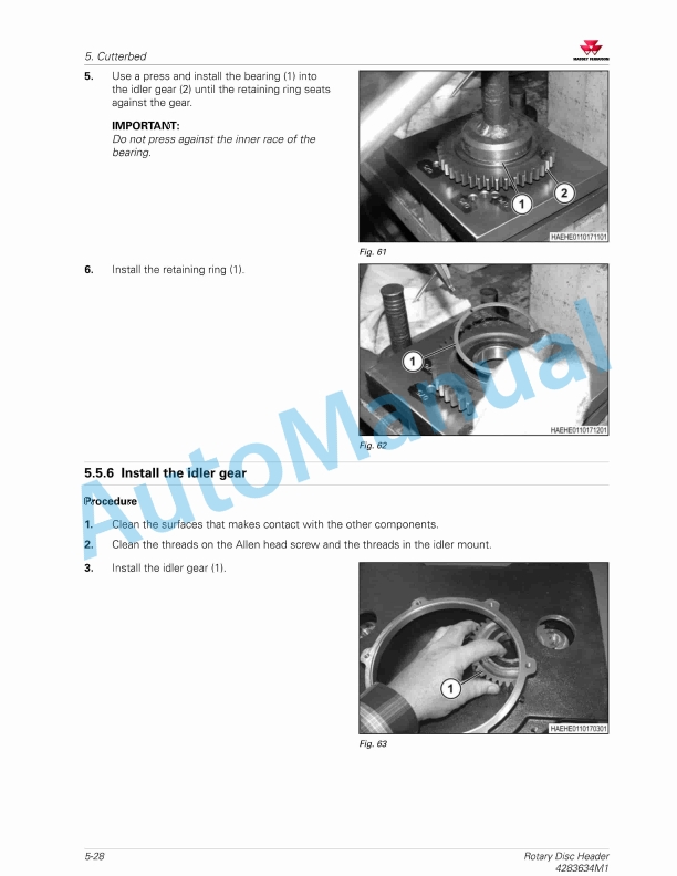 Massey Ferguson 9316S, 9316D Rotary Disc Header Workshop Service Manual 4283634M1-3