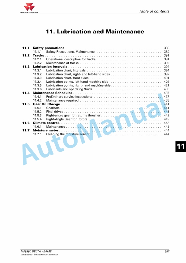 Massey Ferguson 9380 Delta Combine Series Operators Manual D3118100M2-5