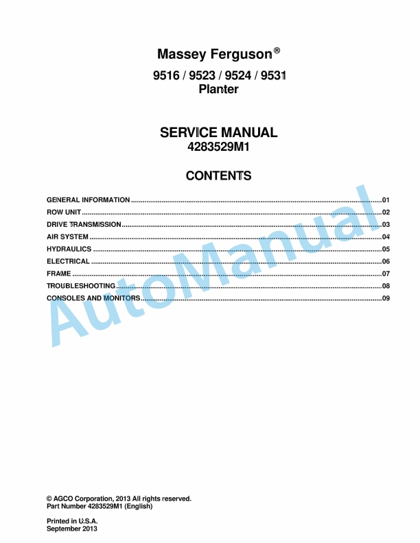 Massey Ferguson 9516, 9523, 9524, 9531 Planter Service Manual 4283529M1