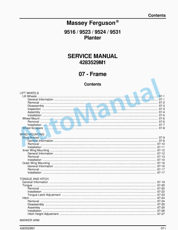 Massey Ferguson 9516, 9523, 9524, 9531 Planter Service Manual 4283529M1-3
