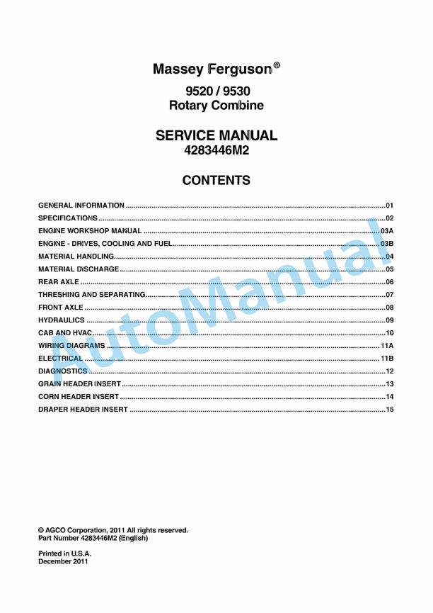 Massey Ferguson 9520, 9530 Rotary Combine Service Manual 4283446M2