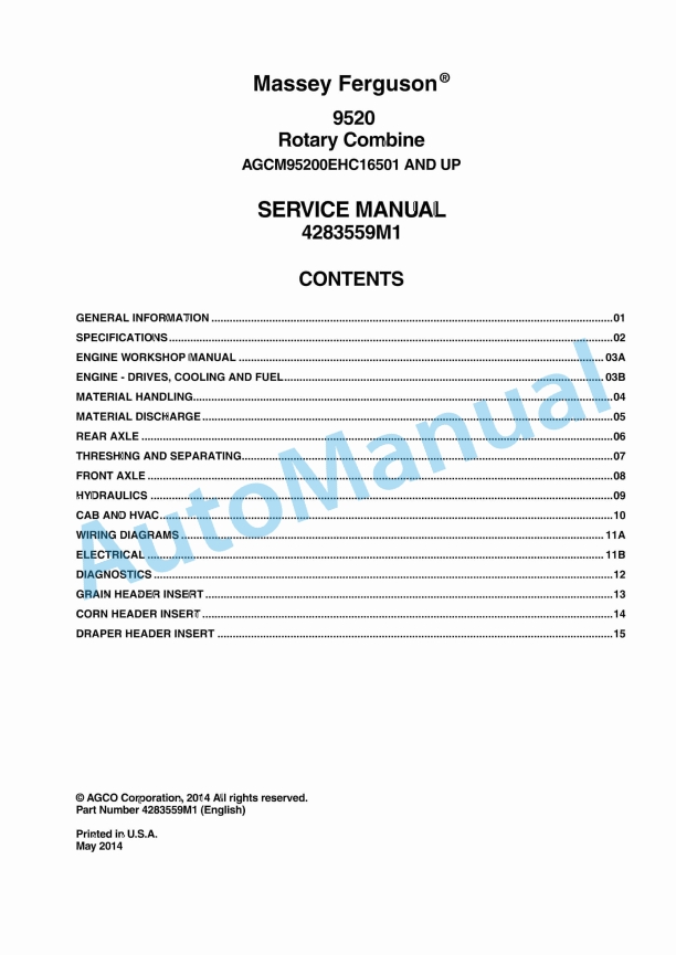 Massey Ferguson 9520 Rotary Combine Service Manual 4283559M1