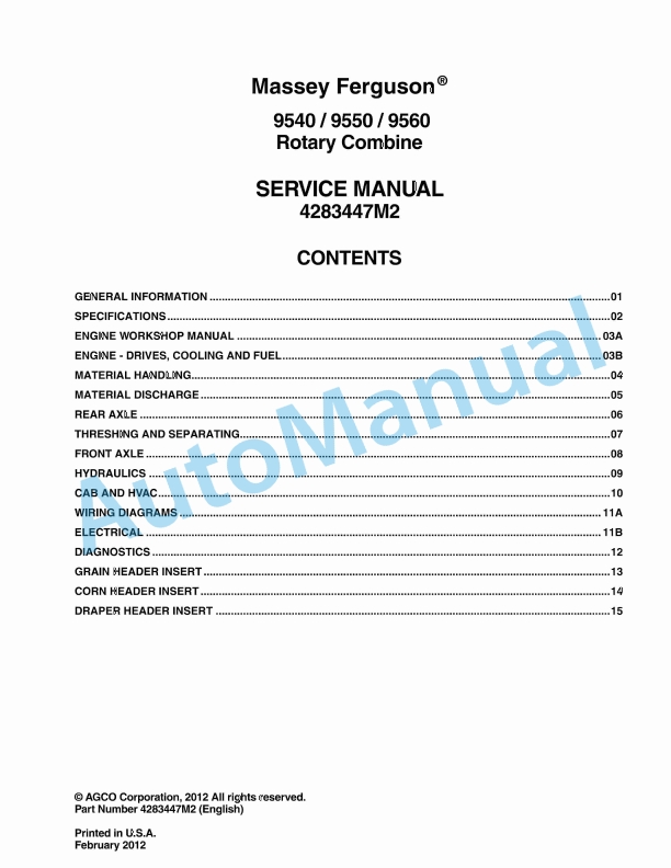 Massey Ferguson 9540, 9550, 9560 Rotary Combine Service Manual 4283447M2