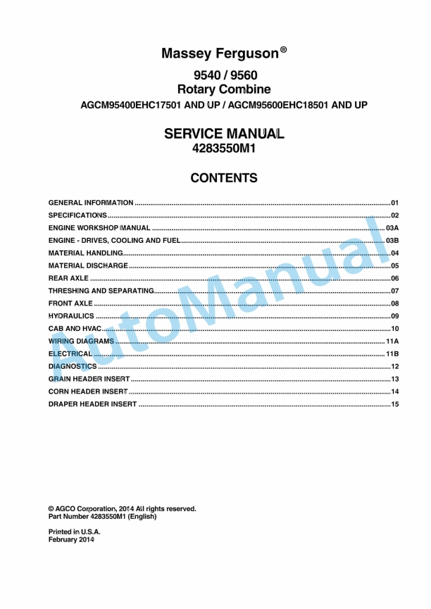 Massey Ferguson 9540, 9560 Rotary Combine Service Manual 4283550M1