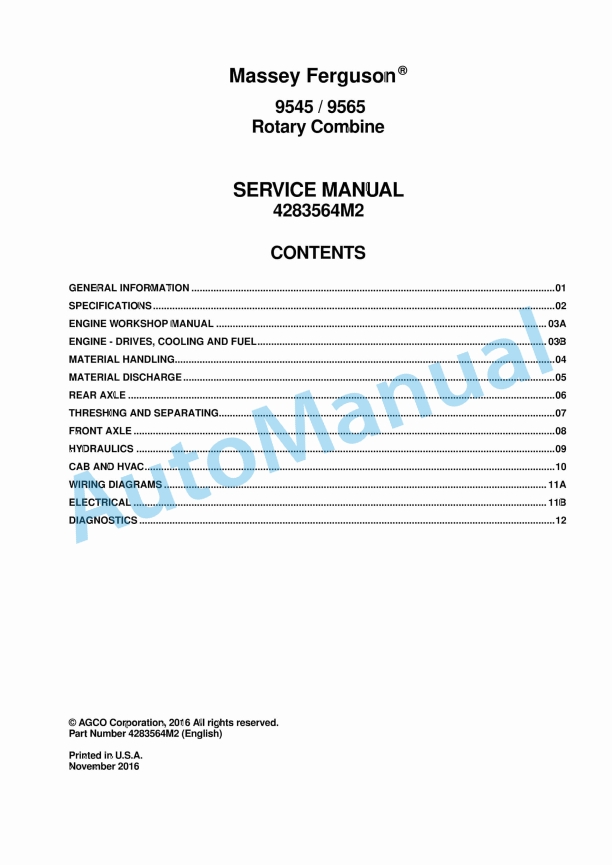 Massey Ferguson 9545, 9565 Rotary Combine Service Manual 4283564M2