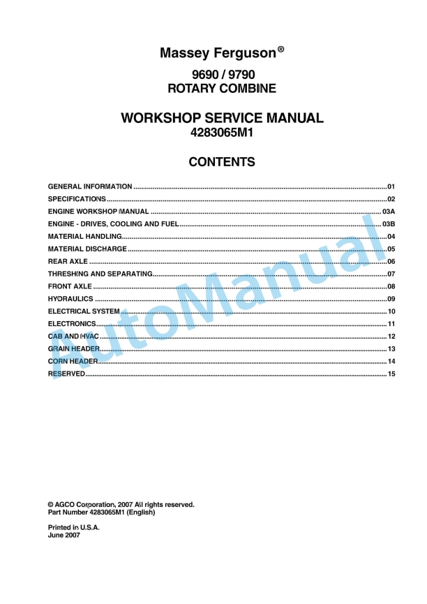 Massey Ferguson 9690, 9790 Rotary Combine Workshop Service Manual 4283065M1 1 Massey Ferguson 9690, 9790 Rotary Combine Workshop Service Manual 4283065M1