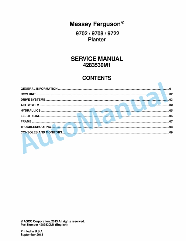 Massey Ferguson 9702, 9708, 9722 Planter Service Manual 4283530M1