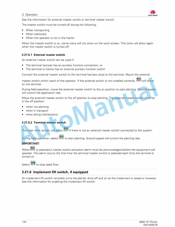 Massey Ferguson 9800 VE Planter Operators Manual 700745957B-2