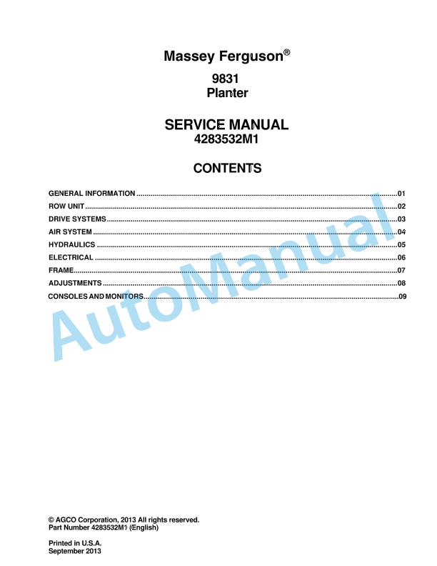 Massey Ferguson 9831 Planter Service Manual 4283532M1