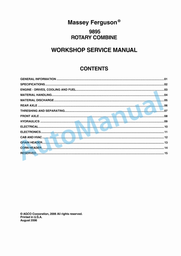 Massey Ferguson 9895 Rotary Combine Workshop Service Manual 1 Massey Ferguson 9895 Rotary Combine Workshop Service Manual