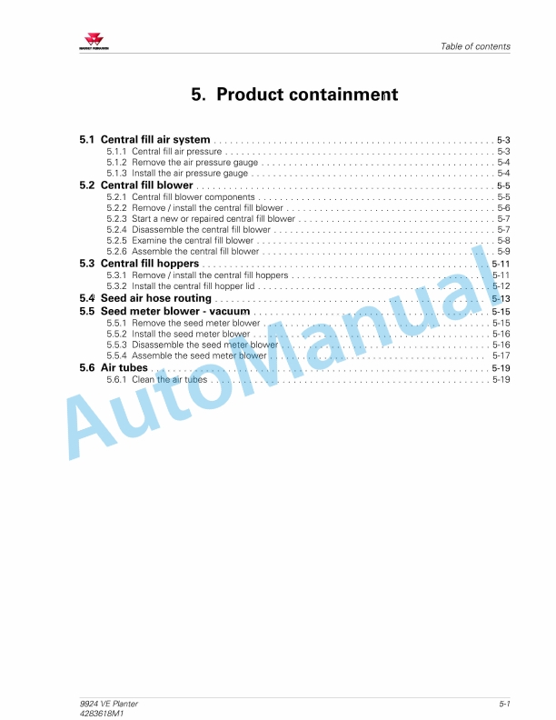 Massey Ferguson 9924 VE Planter Workshop Service Manual 4283618M1-2